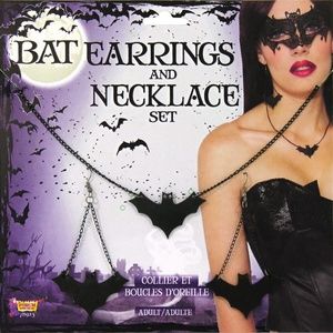 Black Leather and Chain Bat Earrings and Necklace Set - Lightweight and Easy